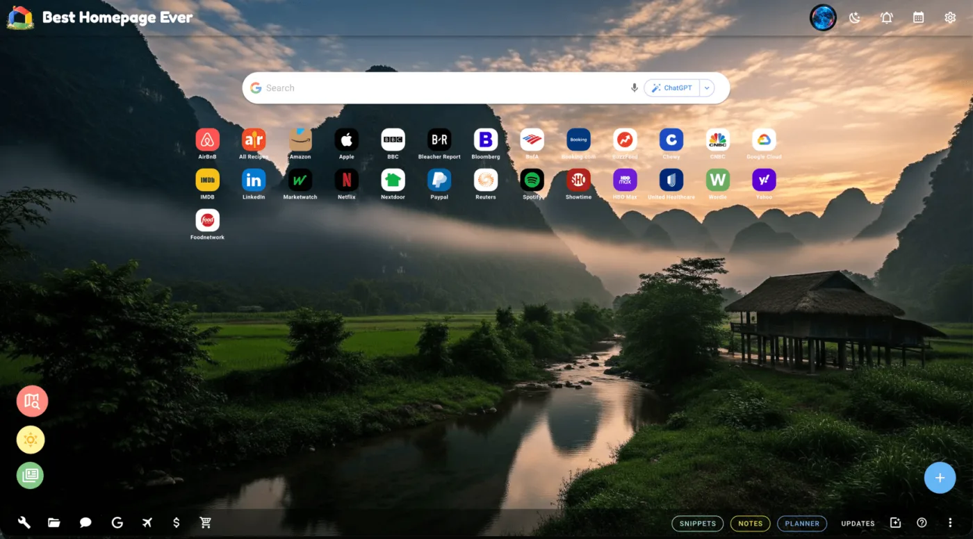 Best Homepage Ever with every app shortcut one click away over a mountain-valley background