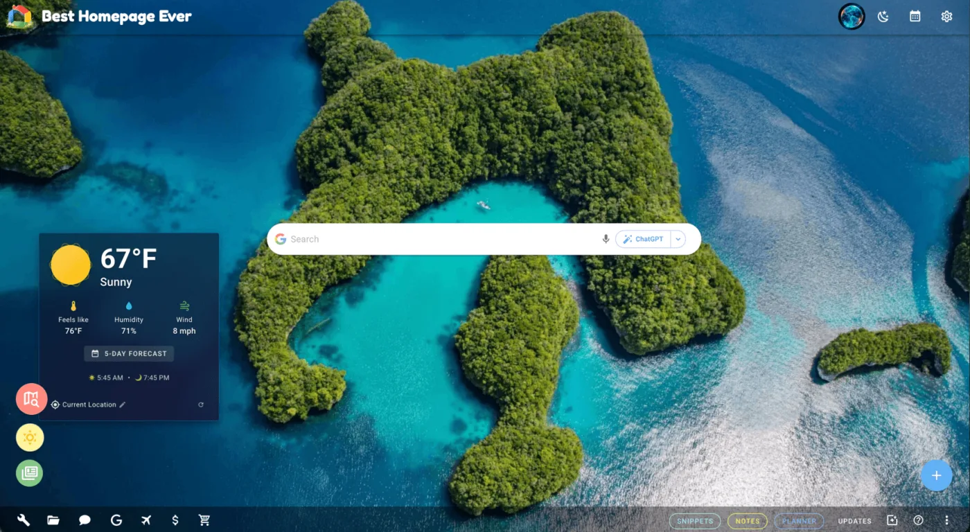 Best Homepage Ever with a clean weather widget over a tropical island background