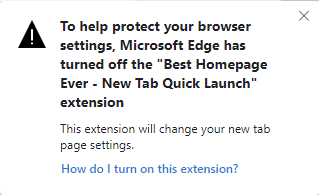 edge extension notice of new tab settings change