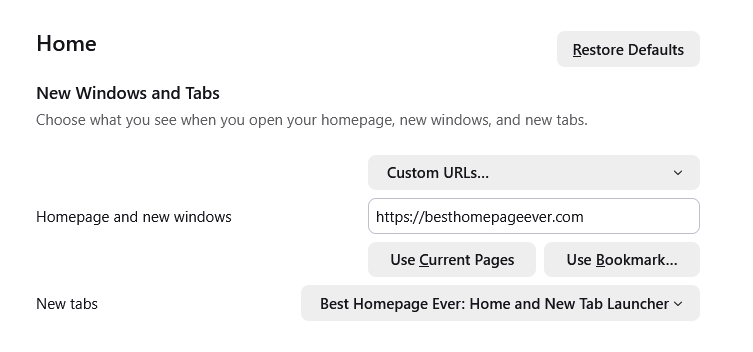 Firefox Homepage Settings showing Custom URLs option