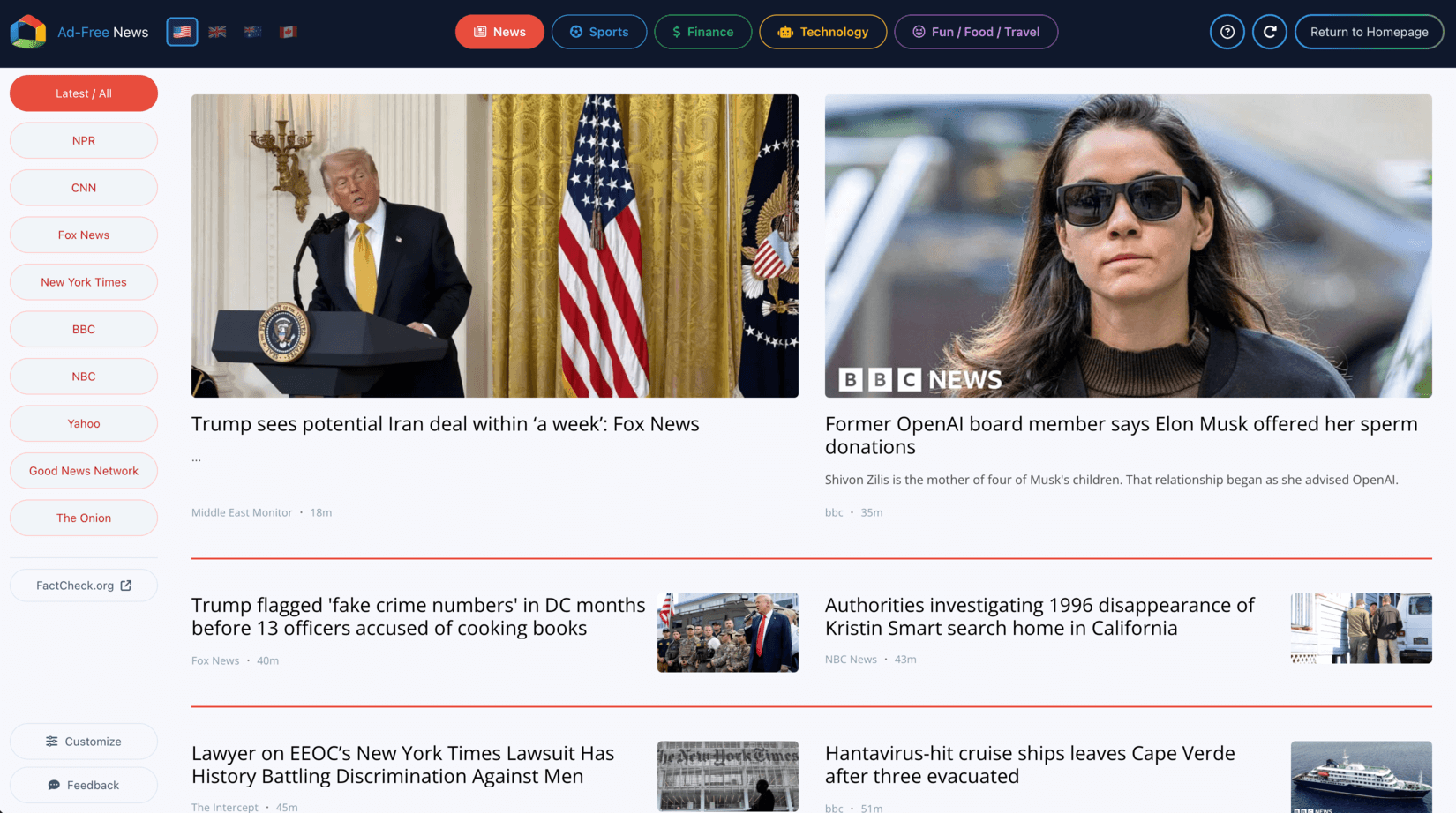 Best Homepage Ever's news area showing clean, ad-free headlines