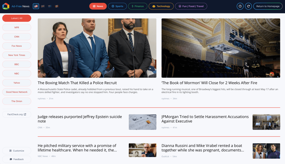 Best Homepage Ever's dedicated news page with headlines from major outlets