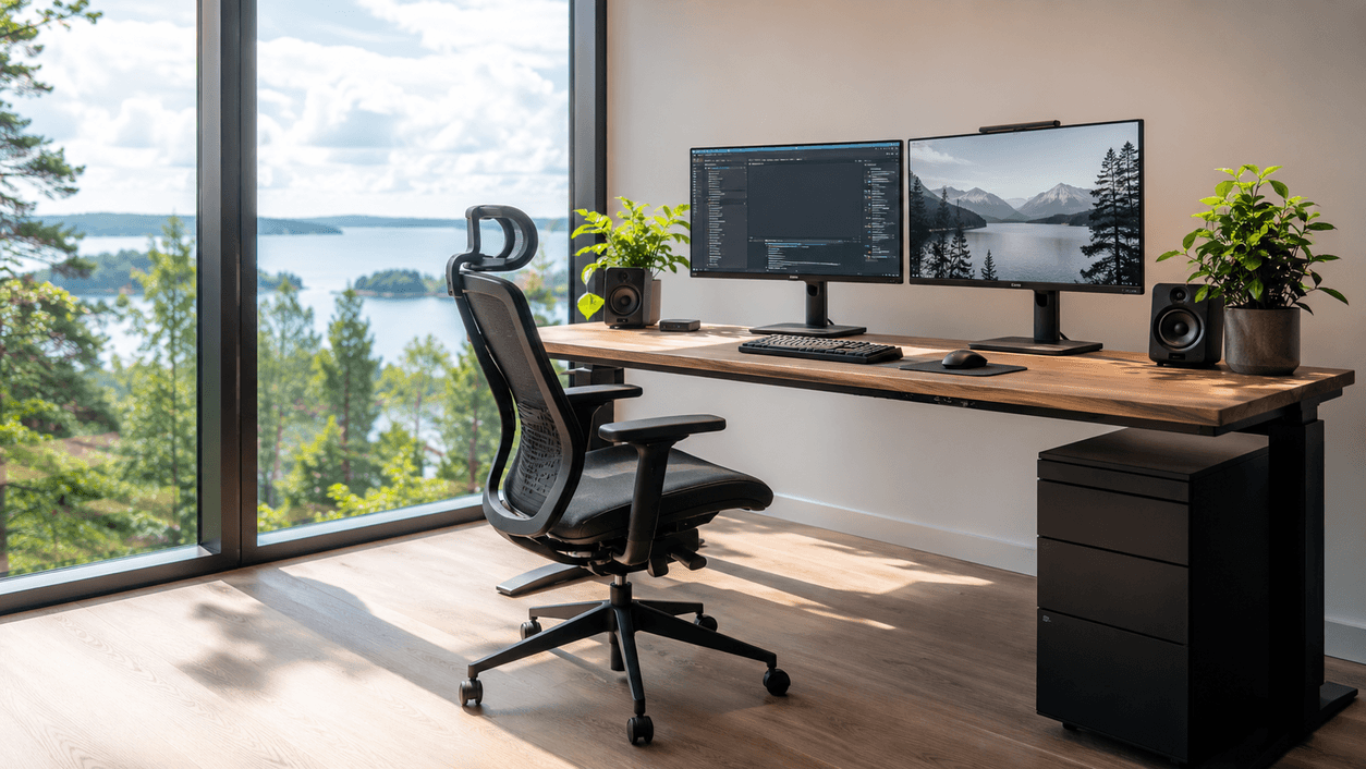 A clean morning office desk with a laptop showing a fresh homepage, coffee, and a plant