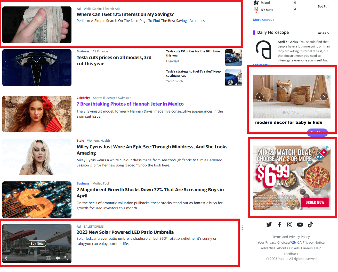 Screenshot of ads appearing in Yahoo news area and side column