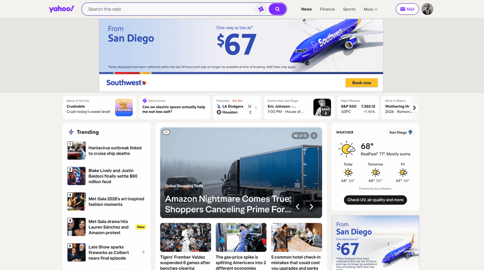 Yahoo's news section in 2026, dense with ads and clickbait