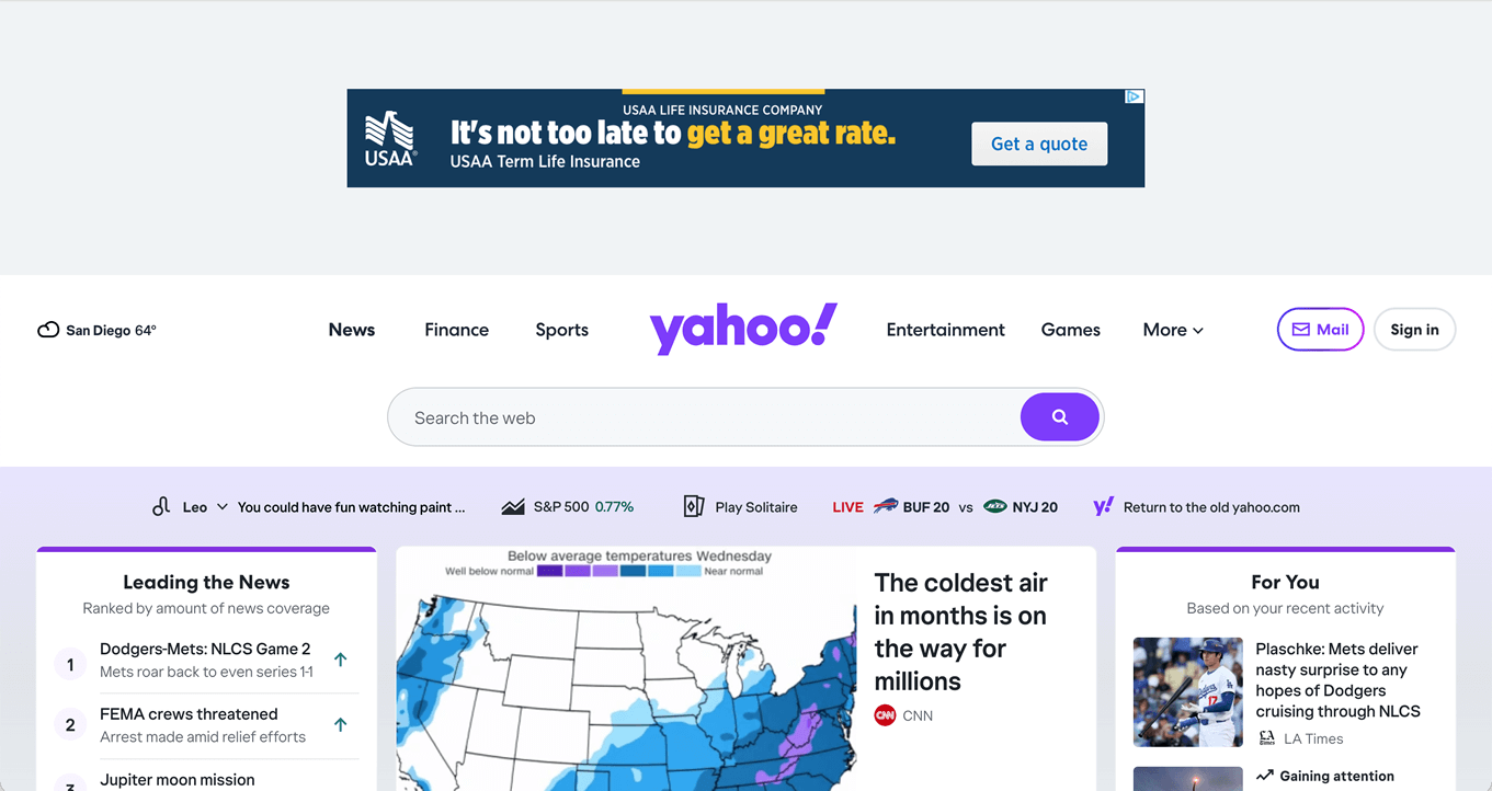 Screenshot of ads appearing in Yahoo above the fold