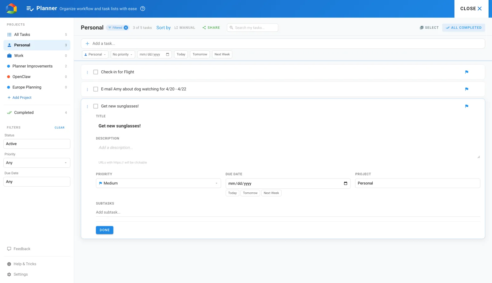 Best Homepage Ever's built-in planner for organizing tasks and projects