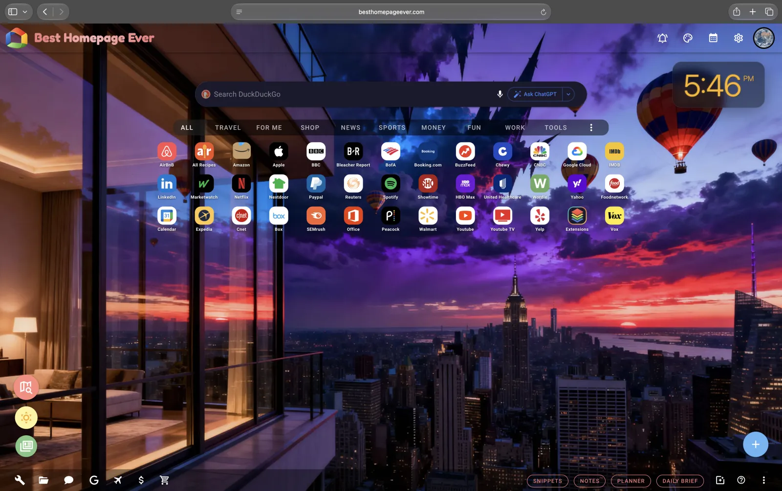 Best Homepage Ever open in Safari on a Mac with a sunset city skyline background, a DuckDuckGo search bar, category tabs, a grid of site icons, and a digital clock