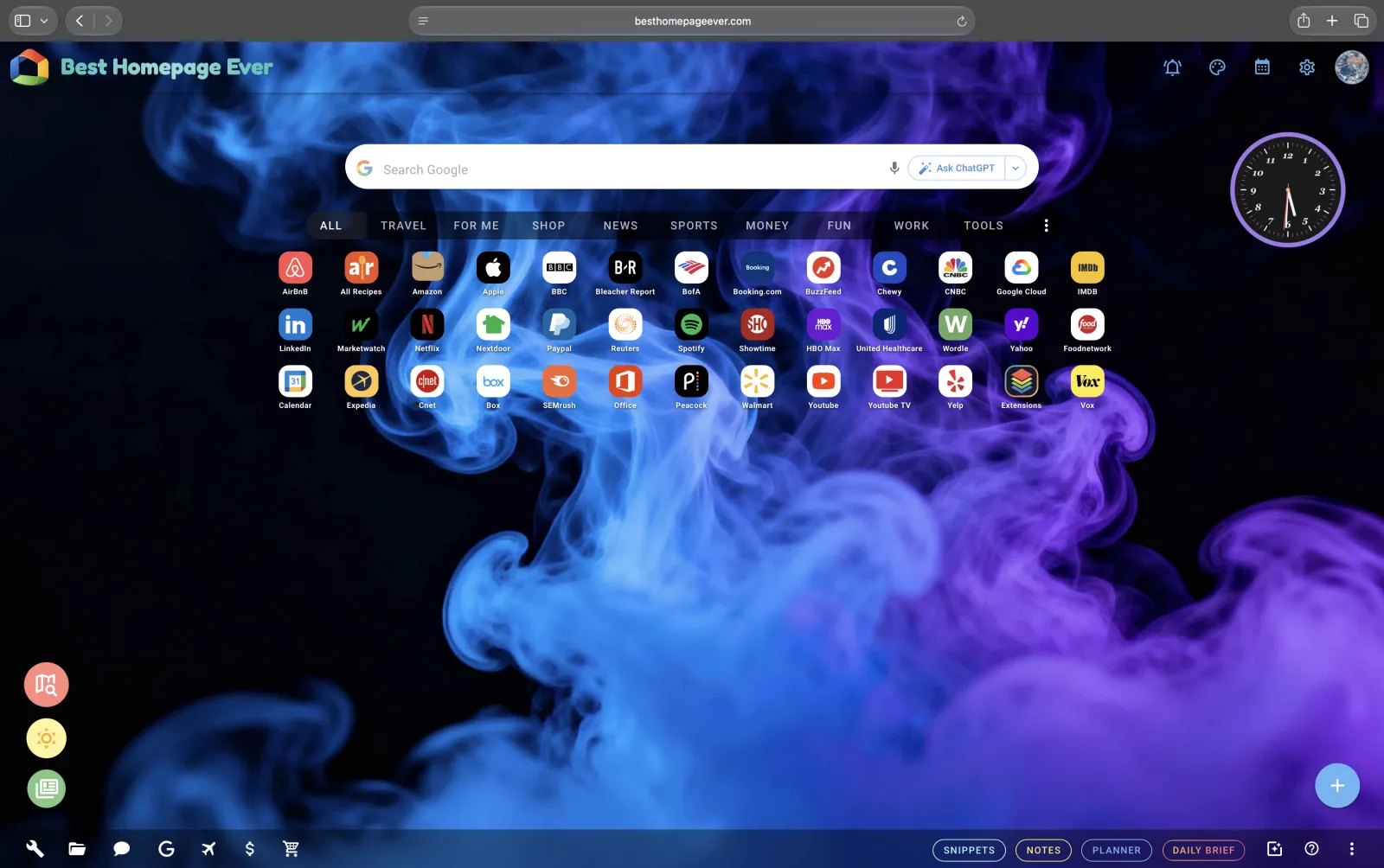 Best Homepage Ever open in Safari on a Mac, with a Google search bar, category tabs, a grid of site icons, and an analog clock over a blue and purple smoke background