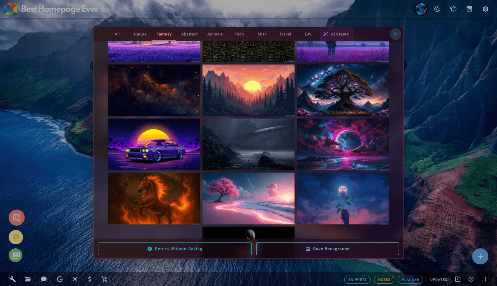Best Homepage Ever customization options showing backgrounds, widgets, and layout controls