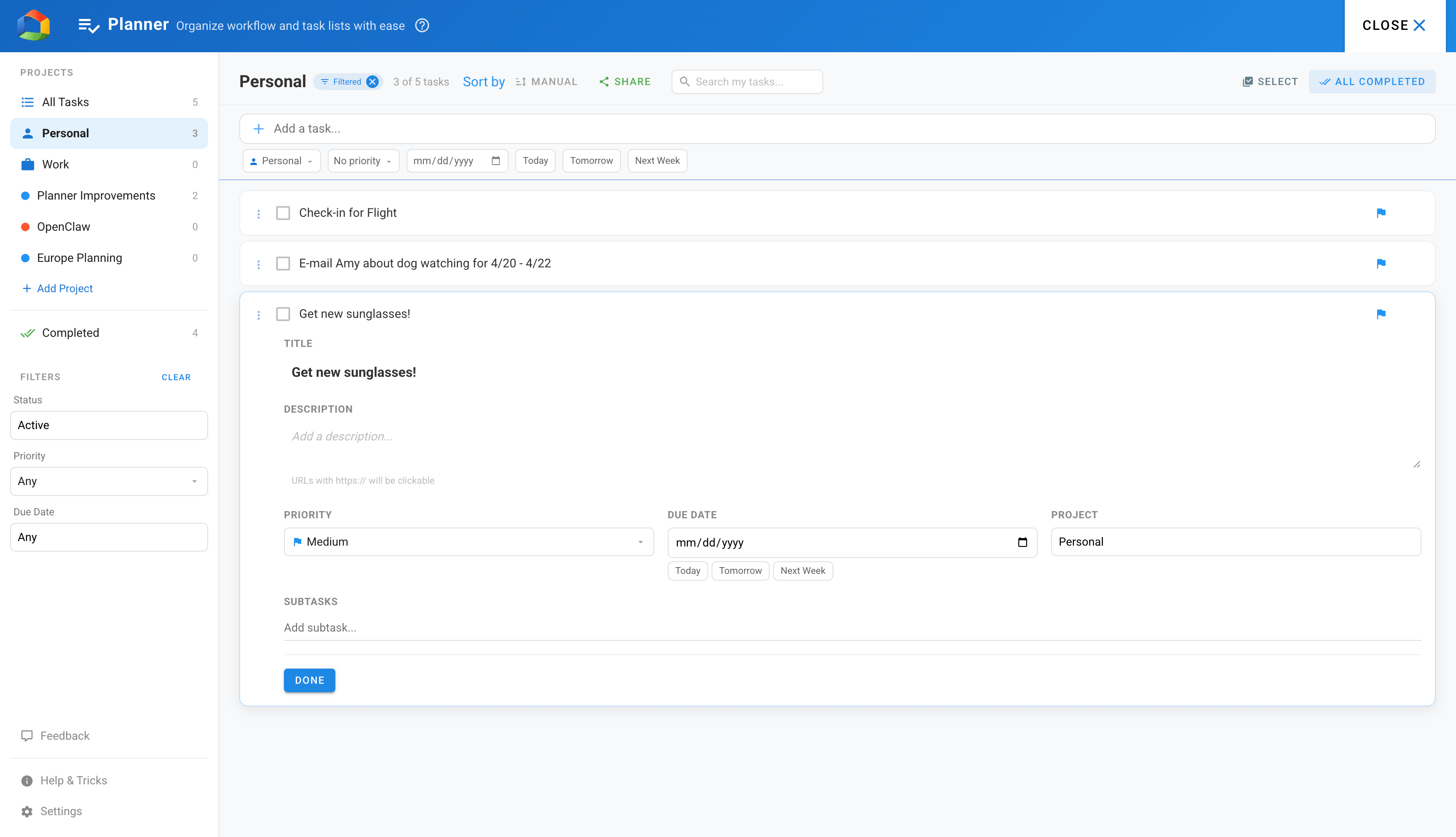 Best Homepage Ever's built-in planner for organizing tasks and projects