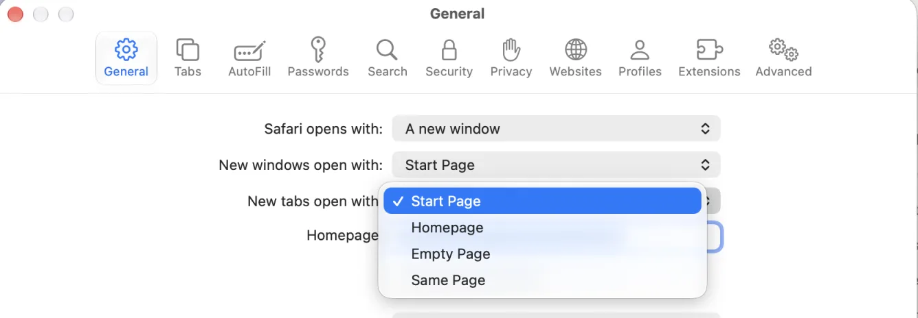 Safari's New tabs open with menu showing Start Page, Homepage, Empty Page, and Same Page
