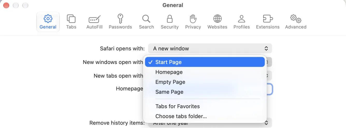 Safari's New windows open with menu showing Start Page, Homepage, Empty Page, Same Page, Tabs for Favorites, and Choose tabs folder