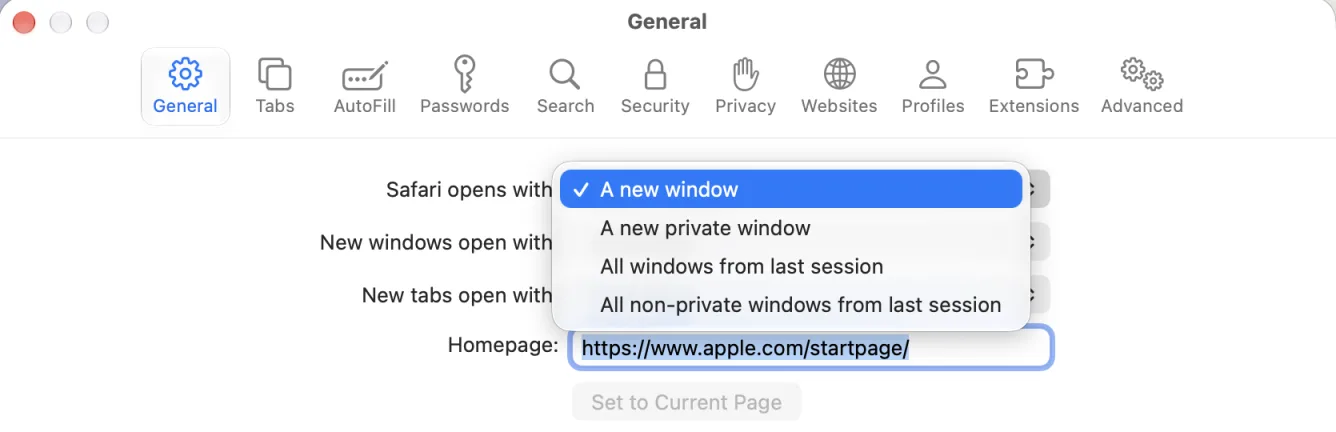 Safari's Safari opens with menu showing A new window, A new private window, All windows from last session, and All non-private windows from last session, with the Homepage field set to https://www.apple.com/startpage/ below it