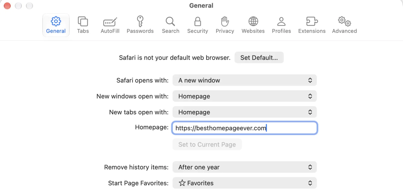 Safari's General settings with New windows open with and New tabs open with both set to Homepage, and the Homepage field set to https://besthomepageever.com