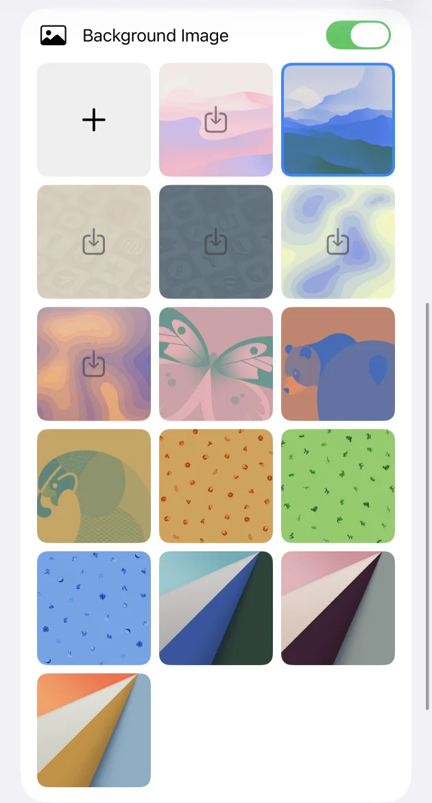 Safari's background image picker on iPhone showing Apple's built-in wallpapers and a plus button for adding your own photo