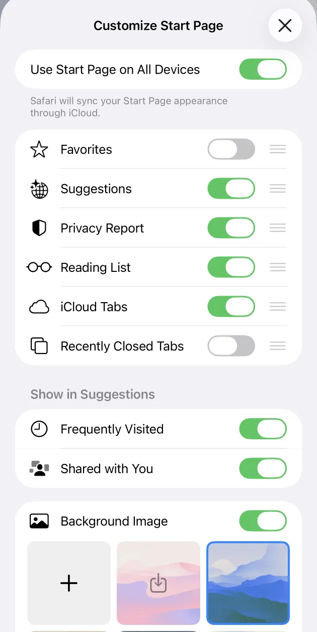 Customize Start Page on iPhone with switches for Favorites, Suggestions, Privacy Report, Reading List, iCloud Tabs, and Recently Closed Tabs