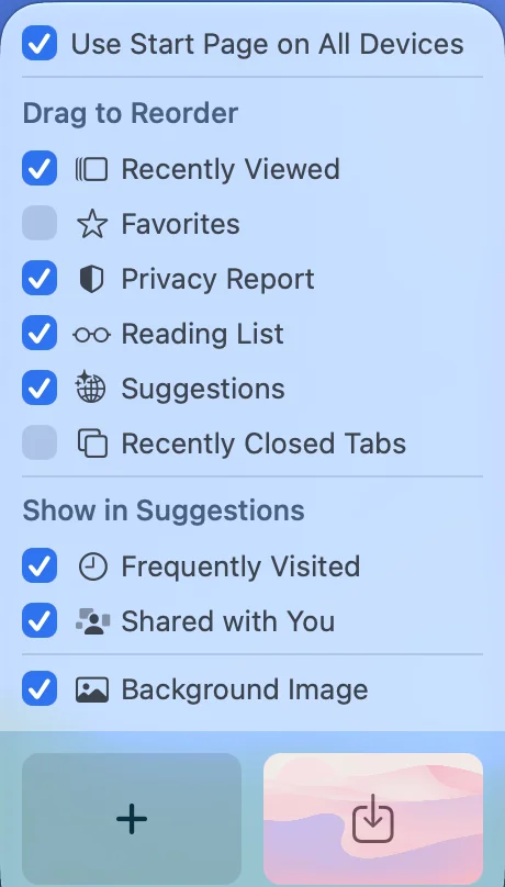 Safari's Start Page customize menu on a Mac with checkboxes for Recently Viewed, Favorites, Privacy Report, Reading List, Suggestions, Recently Closed Tabs, and Background Image