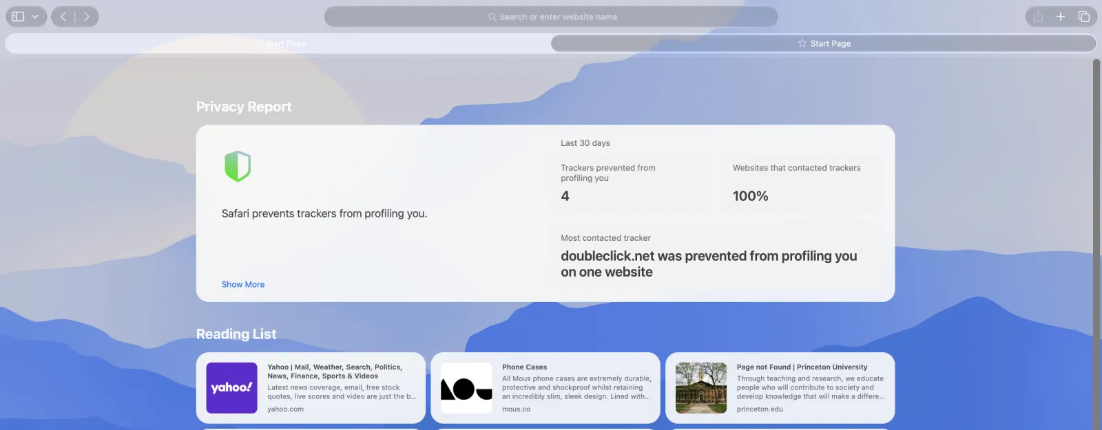 Safari's Start Page on a Mac showing the Privacy Report and the first row of the Reading List over a blue mountain background