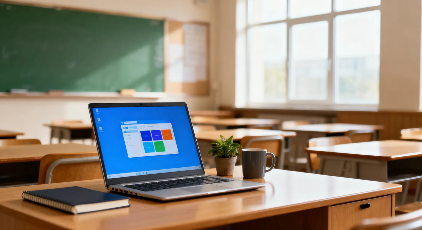 An empty classroom with a laptop open on the teacher's desk, showing a simple grid of colored link tiles, a notebook and mug beside it