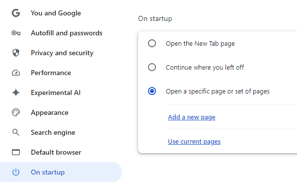 Chrome Startup Settings