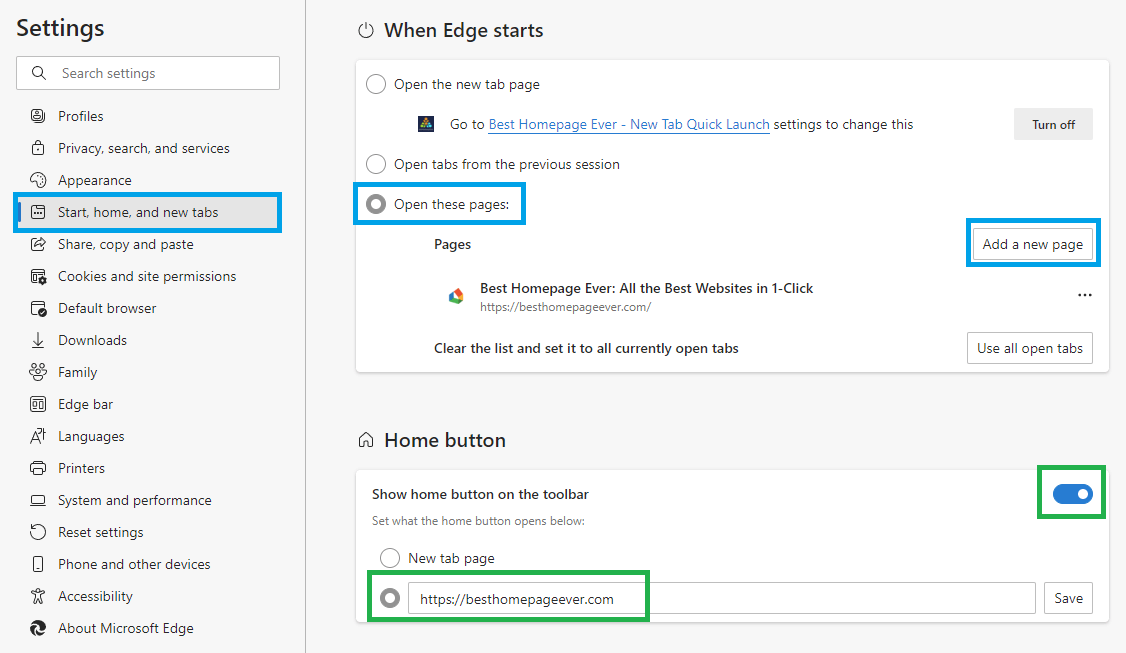 Edge Homepage Settings