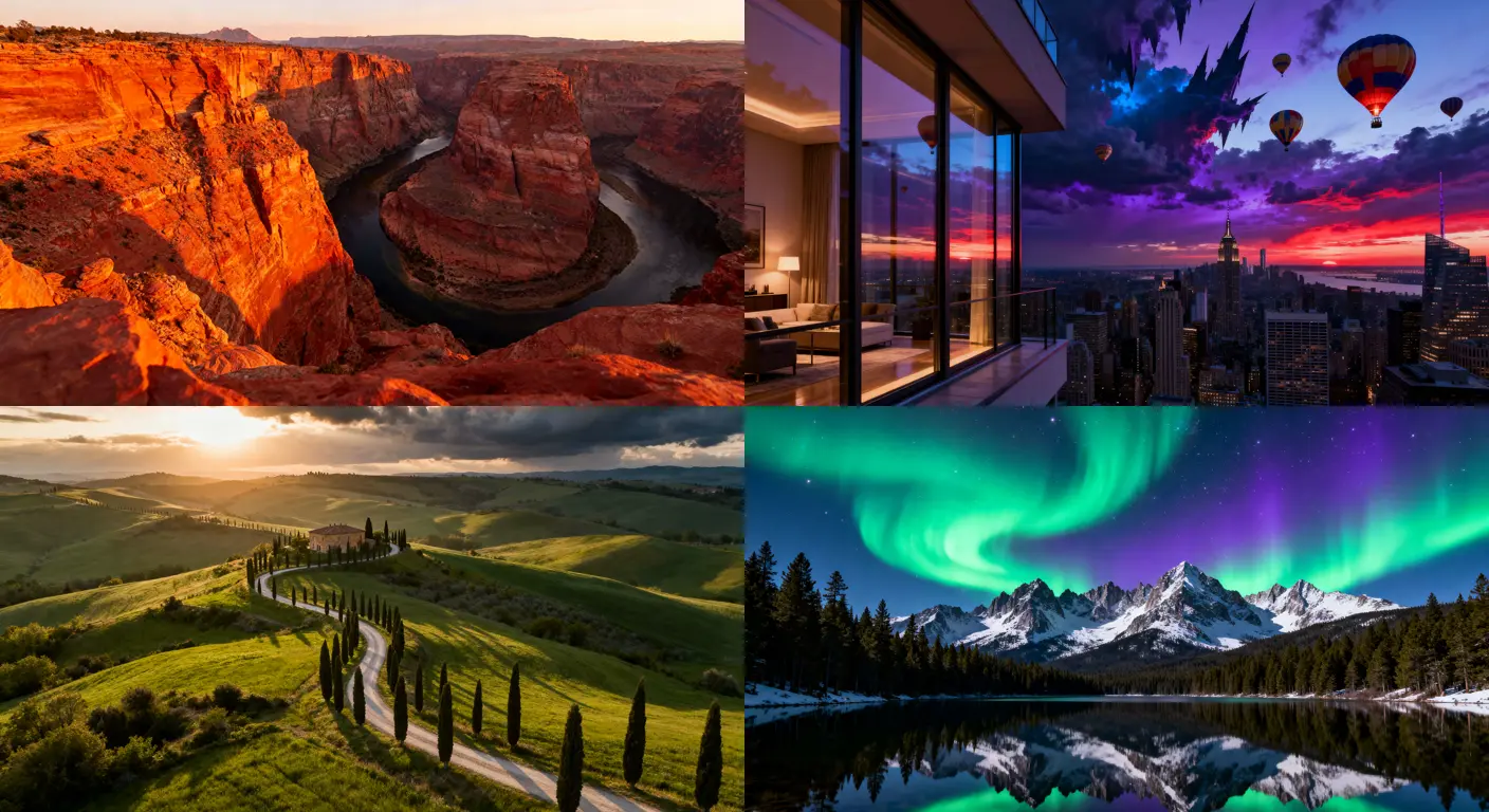 A grid of homepage theme backgrounds: aurora, synthwave, forest, and rainbow