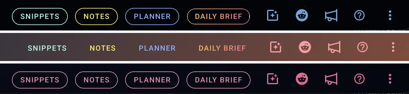 Three versions of the footer toolbar: outlined buttons in their default colors, text-only buttons with the outline turned off, and outlined buttons all sharing a single custom pink color