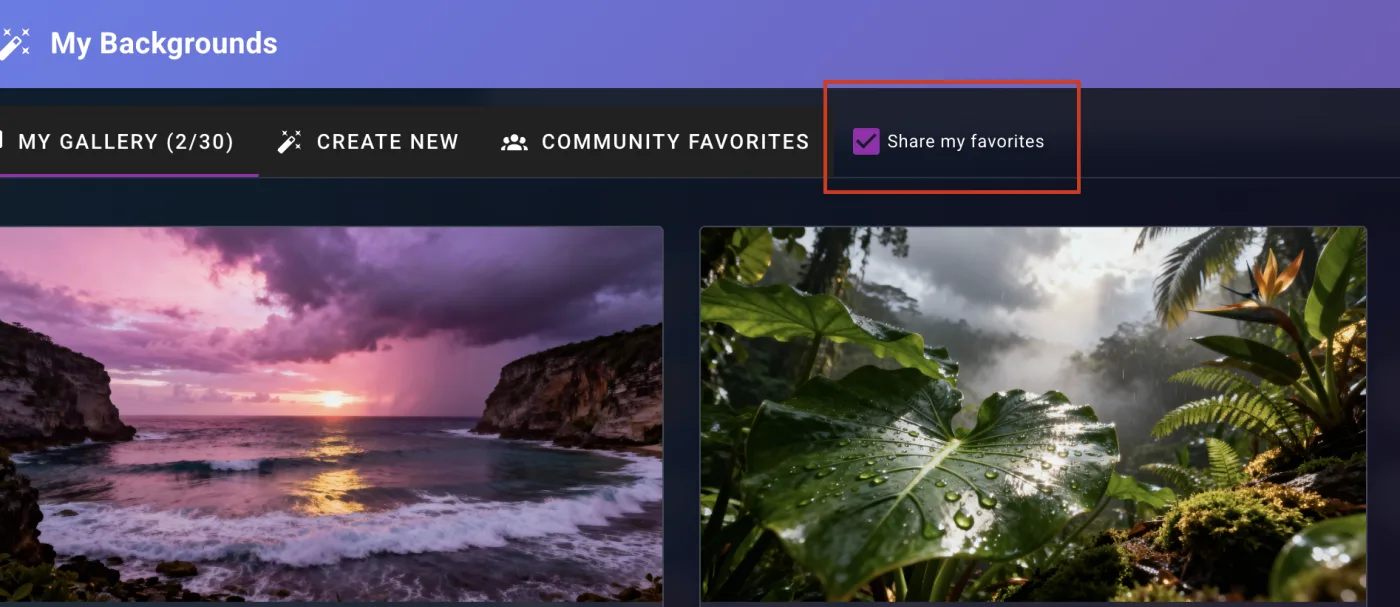 The AI Background Creator gallery toolbar, showing the My Gallery, Create New and Community Favorites tabs with the 'Share my favorites' consent checkbox highlighted