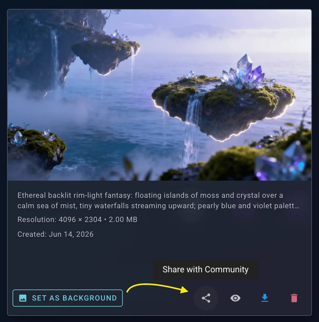 A gallery background card with the Share with Community icon button highlighted next to Set as Background