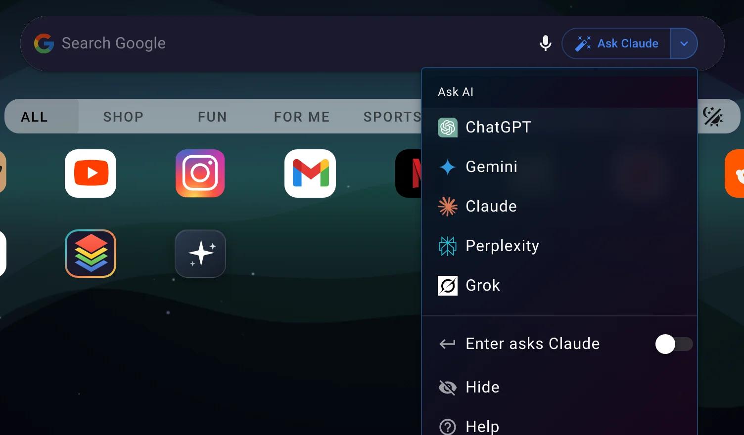 The Ask AI menu on the search bar, listing ChatGPT, Gemini, Claude, Perplexity, and Grok, with an Enter asks Claude toggle