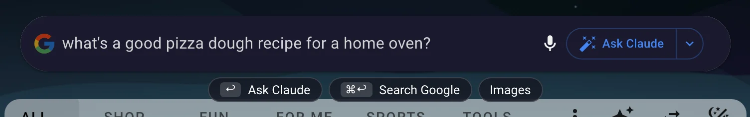 The same question with Enter asks turned on: the chips now read Enter to Ask Claude and Command Enter to Search Google