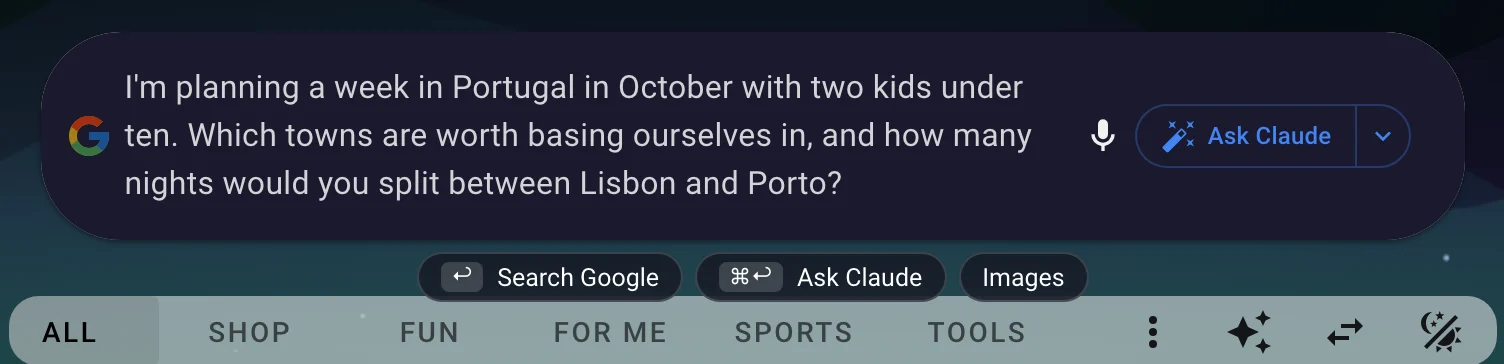 The search bar expanded to two rows to show a long travel question in full, with the Ask Claude button and the hint chips beneath