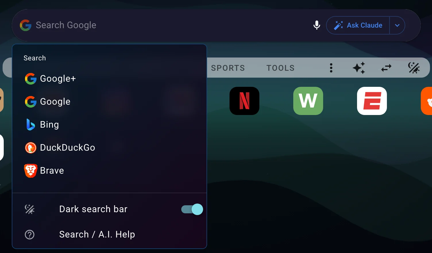 The search engine menu on the Best Homepage Ever search bar, listing Google+, Google, Bing, DuckDuckGo, and Brave