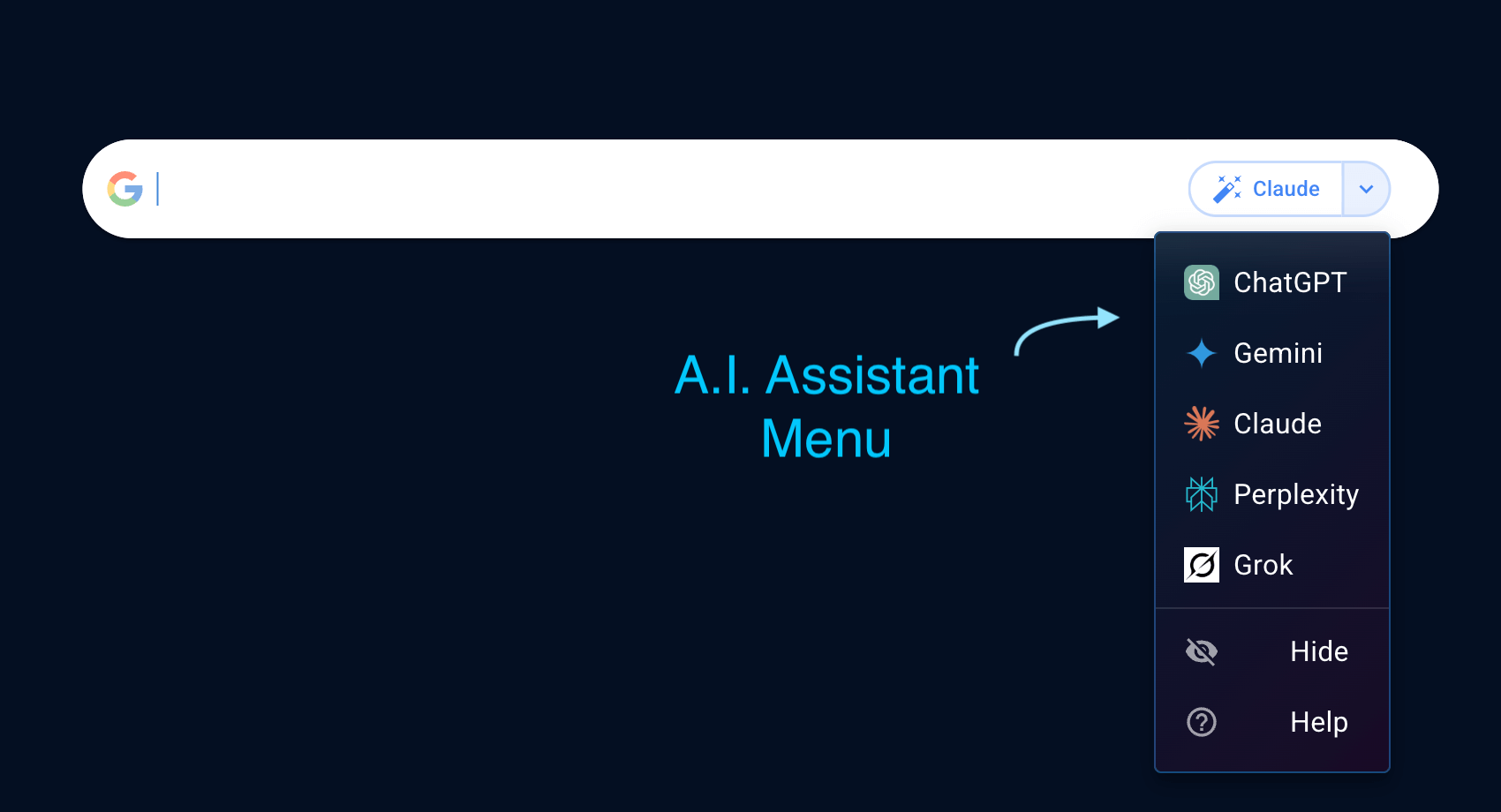 Right AI Assistant dropdown menu showing ChatGPT, Gemini, Claude, Perplexity, and Grok options