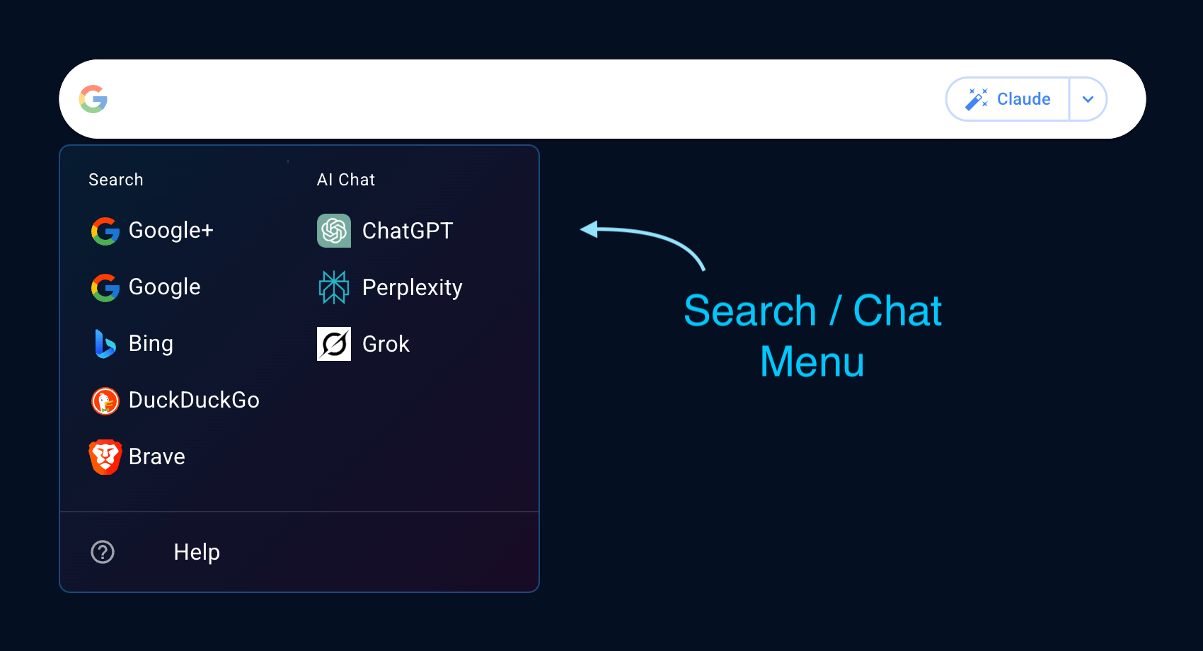 Left dropdown showing Search and AI Chat options including Google, Bing, DuckDuckGo, ChatGPT, Perplexity, and Grok