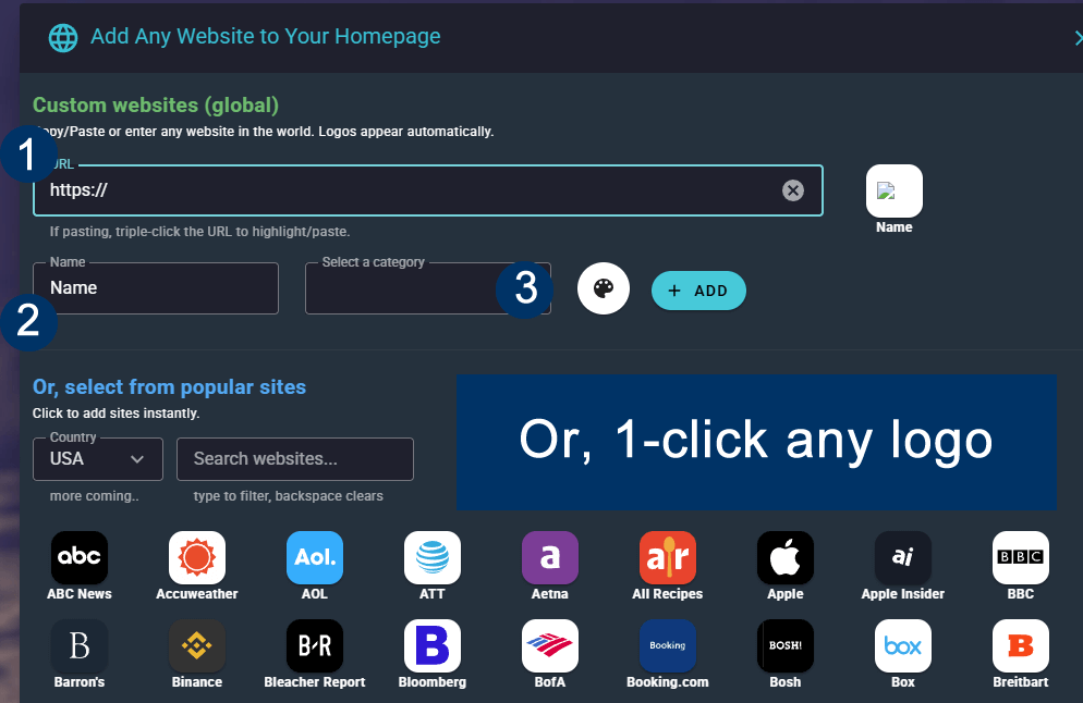 Add websites modal on Best Homepage Ever