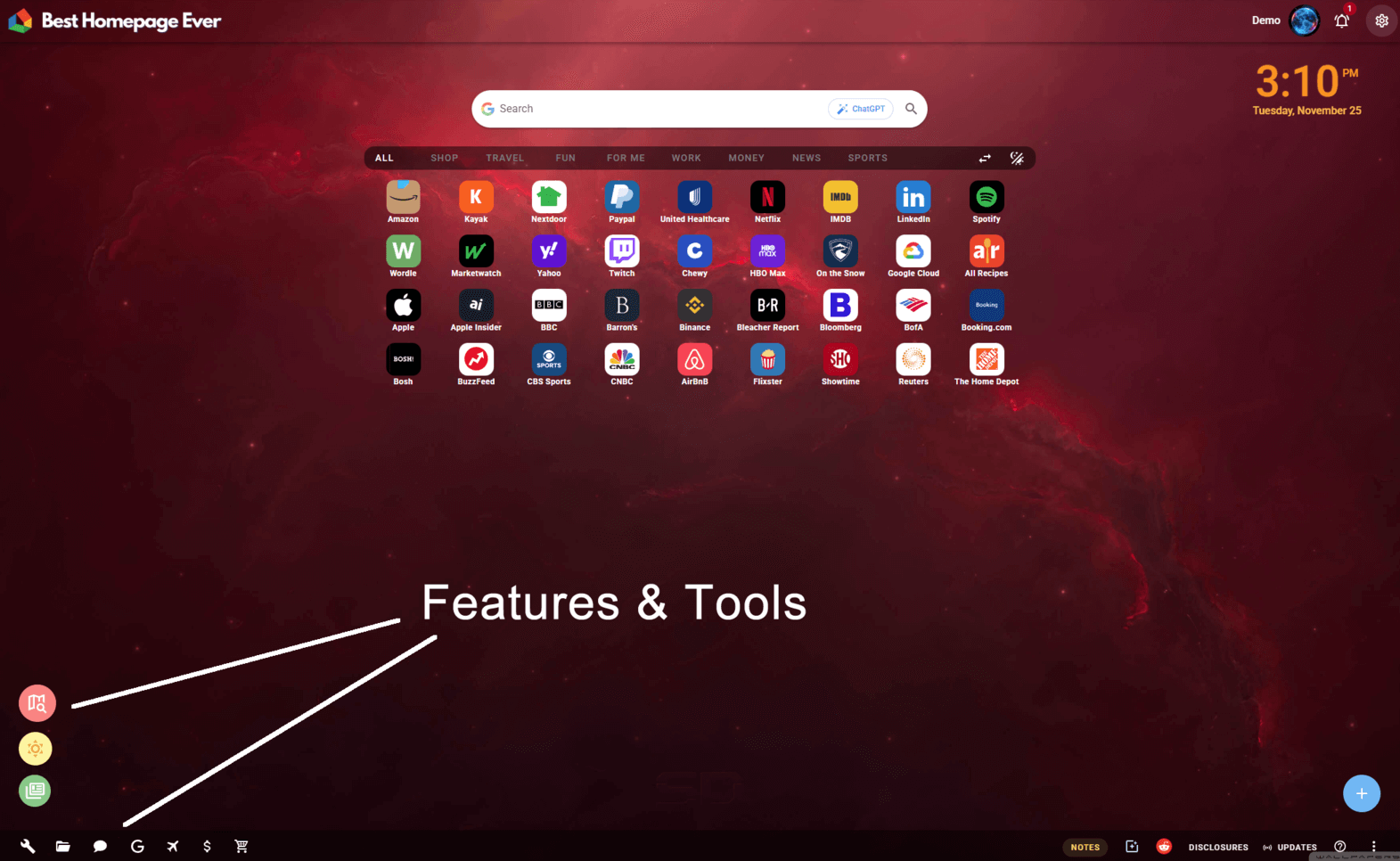 Screenshot showing main features and tools including News, Weather, Finance, and more on Best Homepage Ever