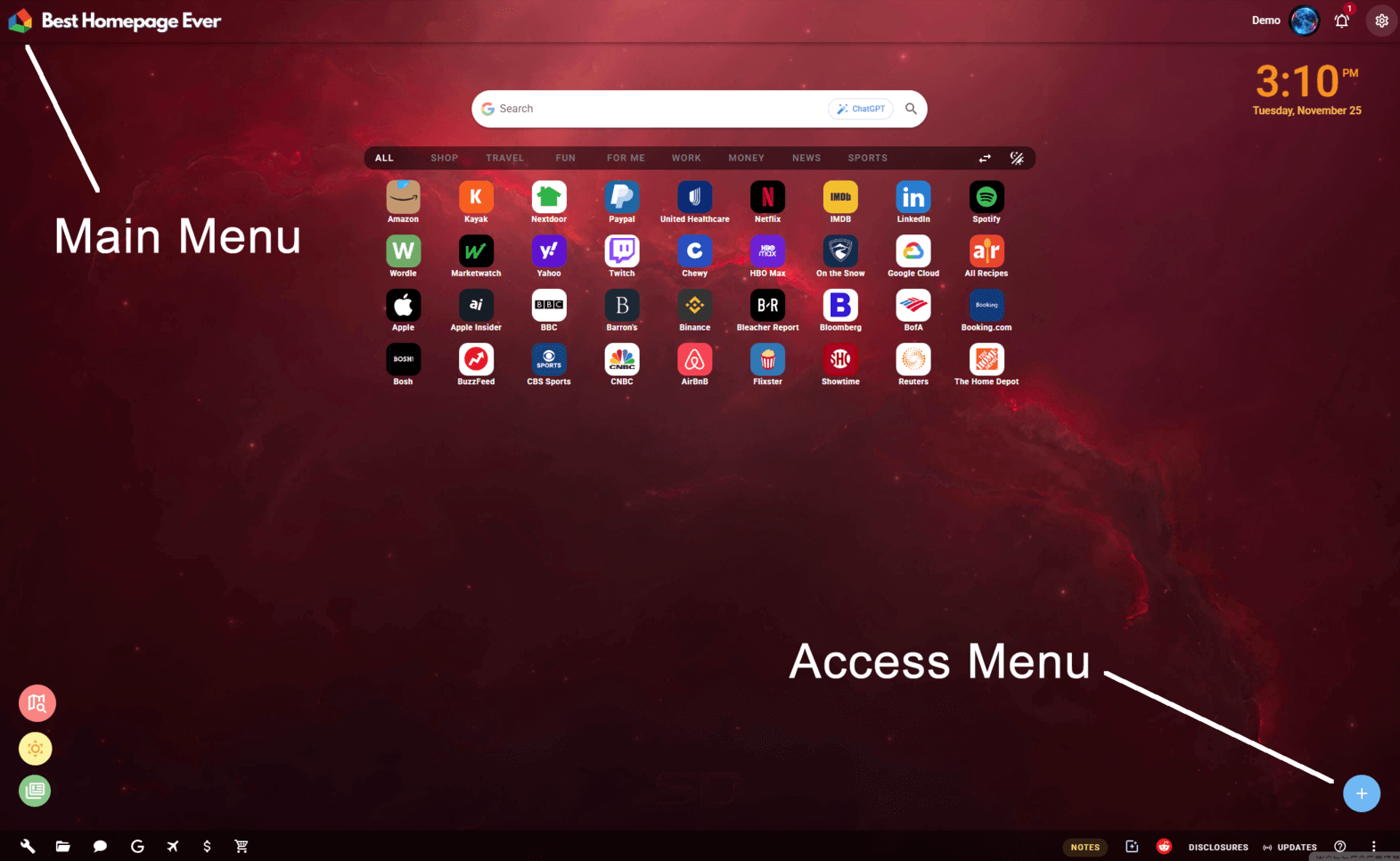 Screenshot showing the Main Menu and Access Menu locations on Best Homepage Ever