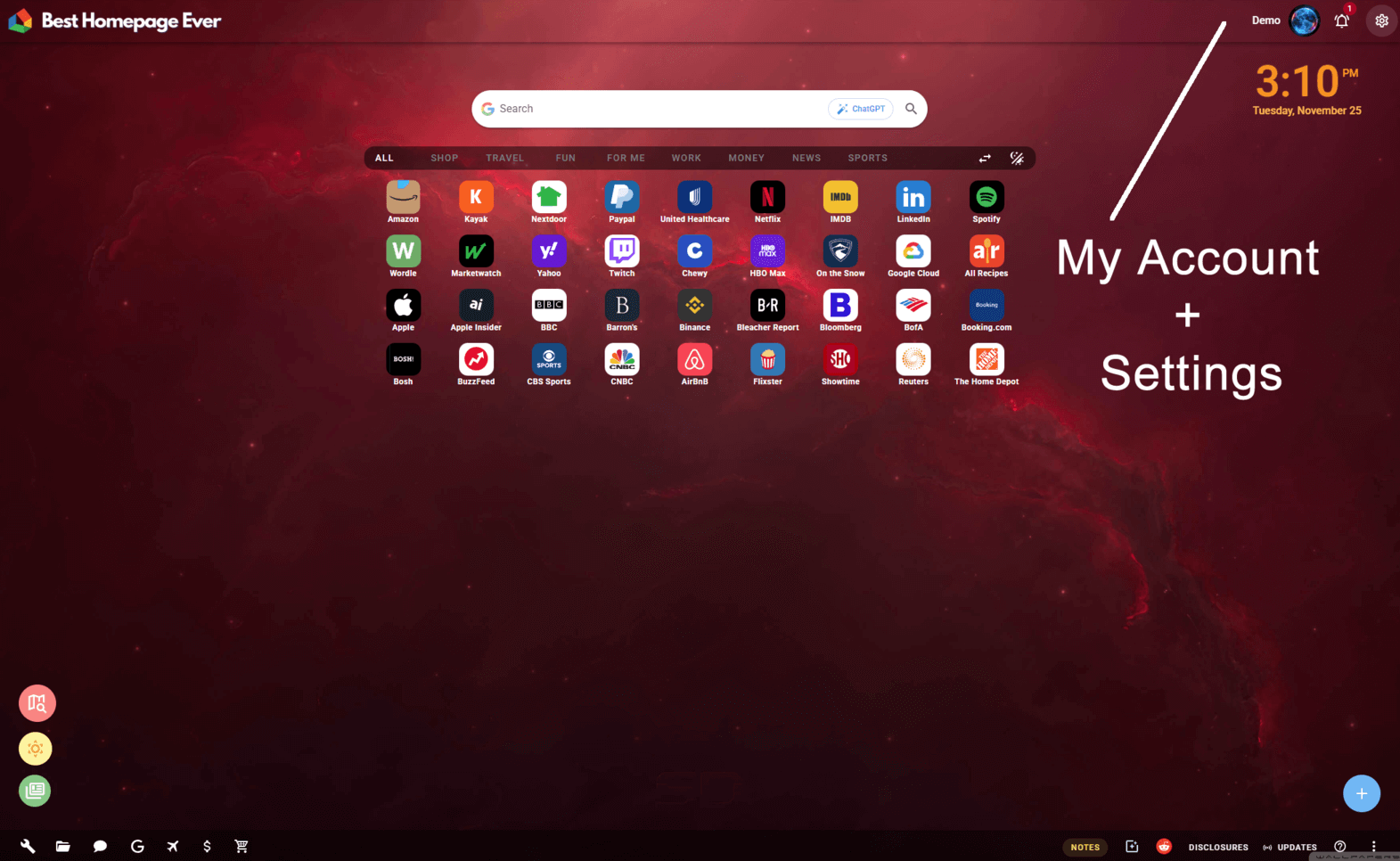 Screenshot showing My Account menu and Settings options on Best Homepage Ever
