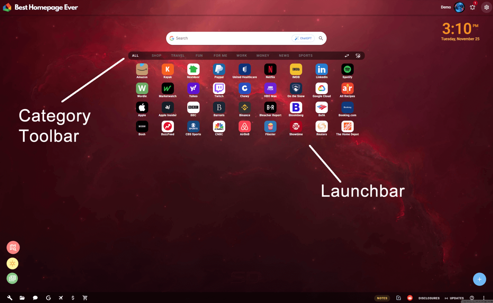 Screenshot showing the Launchbar for websites and Category Toolbar on Best Homepage Ever