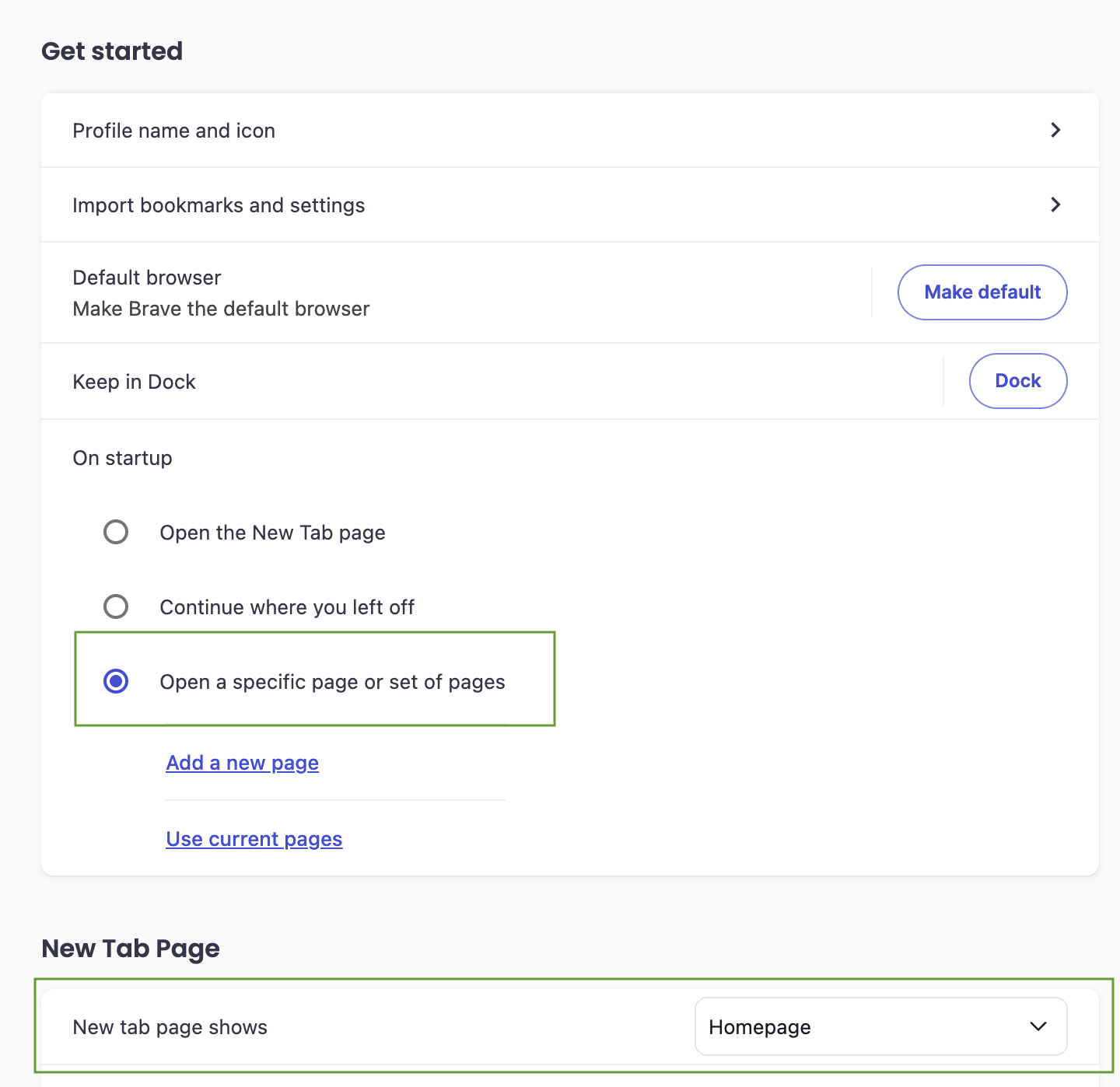 Brave browser Get Started settings showing On startup options with 'Open a specific page or set of pages' selected