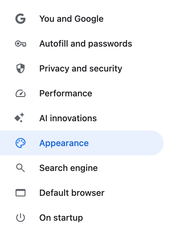 Chrome settings sidebar showing Appearance category