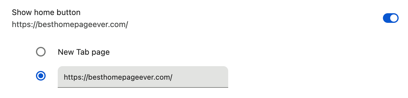 Chrome Appearance settings showing Home button configuration