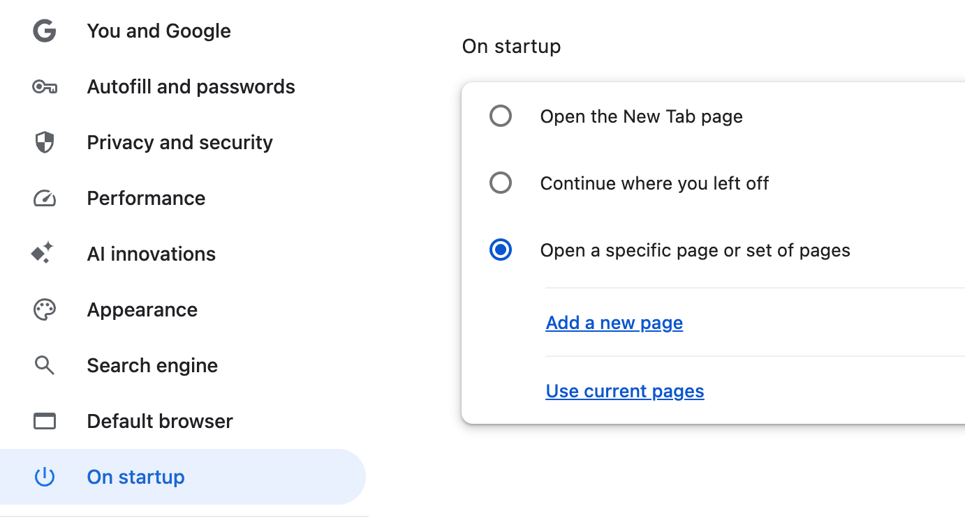 Chrome On Startup settings showing options for opening specific pages
