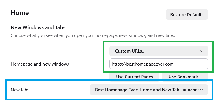Setting homepage in Mozilla Firefox showing New Windows and Tabs section