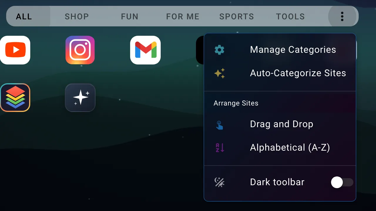 Category options menu open beneath the tab row showing Manage Categories, Auto-Categorize Sites, an Arrange Sites group, and a Dark toolbar switch