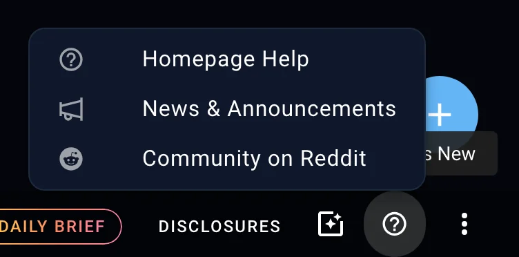 Help menu open above the question mark button in the bottom bar, listing Homepage Help, News and Announcements, and Community on Reddit