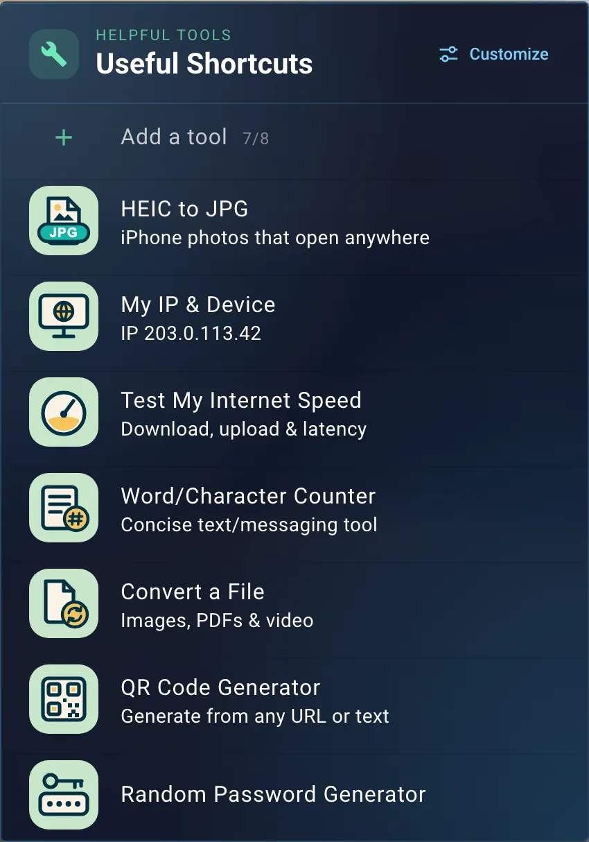 Useful Shortcuts menu with an Add a tool row showing 7 of 8, then HEIC to JPG, My IP and Device with an IP address underneath, Test My Internet Speed, and other tools, each with a new icon
