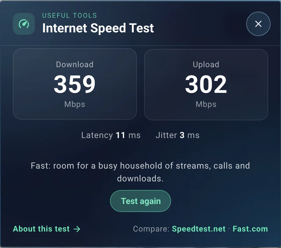 Internet Speed Test window showing 359 Mbps download, 302 Mbps upload and 11 ms latency, with a Test again button
